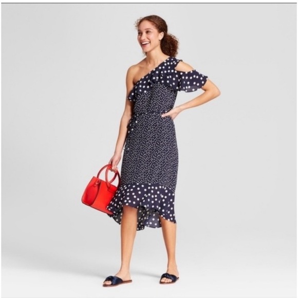 a new day Dresses & Skirts - New Day Womens Polka Dot One Shoulder Midi Dress Navy
